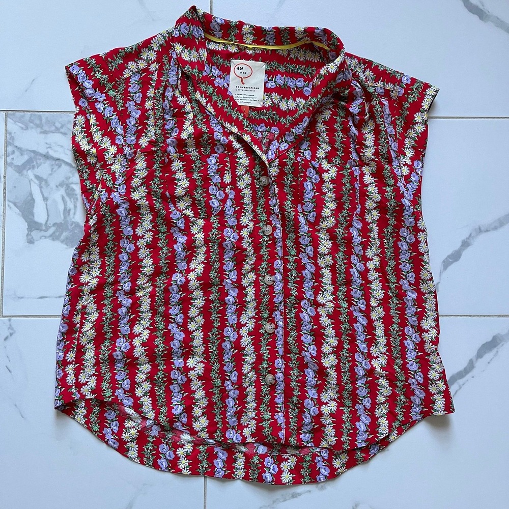 Anthropologie 49 of 52 Conversations Red Floral Blouse Medium - Picture 2 of 9